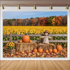 Celebrate Autumn Sunflower Field and Pumpkins Autumn Backdrop, Cute Scarecrow Photo Background for Thanksgiving Harvest Party