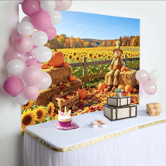 Celebrate Autumn Harvest Backdrop with Scarecrow and Pumpkins, Beautiful Sunflower Field Background for Fall Photoshoot