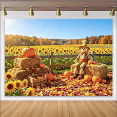 Celebrate Autumn Harvest Backdrop with Scarecrow and Pumpkins, Beautiful Sunflower Field Background for Fall Photoshoot