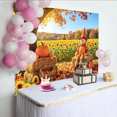 Celebrate Autumn Backdrop with Scarecrow and Pumpkins for Harvest, Beautiful Sunflower Field Background for Portrait Photoshoot