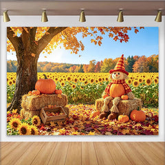 Celebrate Autumn Backdrop with Scarecrow and Pumpkins for Harvest, Beautiful Sunflower Field Background for Portrait Photoshoot