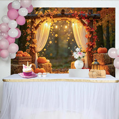 Lofaris Rustic Wooden Arch Fall Harvest Backdrop with Pumpkins and Autumn Leaves, Warm Photography Background for Studio Photoshoot