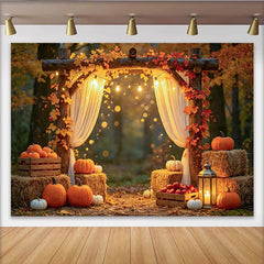 Lofaris Rustic Wooden Arch Fall Harvest Backdrop with Pumpkins and Autumn Leaves, Warm Photography Background for Studio Photoshoot