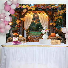 Celebrate Autumn Maple Leaf and Pumpkin Thanksgiving Backdrop, Rustic Wooden Arch Background for Fall Harvest Party