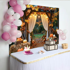 Celebrate Autumn Maple Leaf and Pumpkin Thanksgiving Backdrop, Rustic Wooden Arch Background for Fall Harvest Party