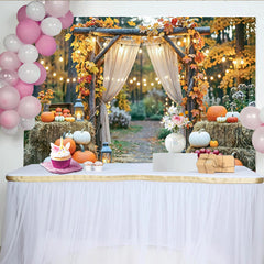 Celebrate Rustic Autumn Backdrop with Pumpkins and Maple Leaves, Elegant Wood Arch Background for Fall Harvest Photoshoot
