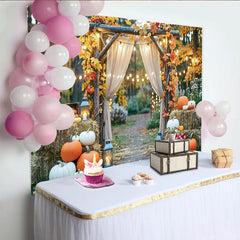 Celebrate Rustic Autumn Backdrop with Pumpkins and Maple Leaves, Elegant Wood Arch Background for Fall Harvest Photoshoot