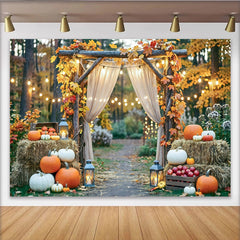 Celebrate Rustic Autumn Backdrop with Pumpkins and Maple Leaves, Elegant Wood Arch Background for Fall Harvest Photoshoot