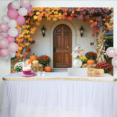 Capture Autumn Backdrop with Maple Leaves for Fall Harvest, Rustic Wooden Door and Pumpkin Background for Photo Studio
