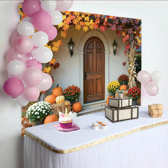 Capture Autumn Backdrop with Maple Leaves for Fall Harvest, Rustic Wooden Door and Pumpkin Background for Photo Studio