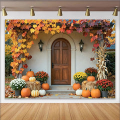Capture Autumn Backdrop with Maple Leaves for Fall Harvest, Rustic Wooden Door and Pumpkin Background for Photo Studio