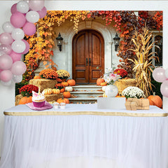 Celebrate Autumn Pumpkin Thanksgiving Backdrop for Porch Decor, Rustic Fall Harvest Wooden Door Background for Photo Booth