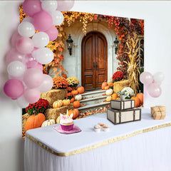 Celebrate Autumn Pumpkin Thanksgiving Backdrop for Porch Decor, Rustic Fall Harvest Wooden Door Background for Photo Booth