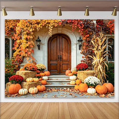 Celebrate Autumn Pumpkin Thanksgiving Backdrop for Porch Decor, Rustic Fall Harvest Wooden Door Background for Photo Booth