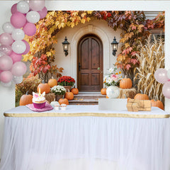 Capture Rustic Autumn Porch Backdrop with Pumpkins and Maple Leaves, Cozy Thanksgiving Party Banner for Family Photoshoot