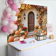 Capture Rustic Autumn Porch Backdrop with Pumpkins and Maple Leaves, Cozy Thanksgiving Party Banner for Family Photoshoot