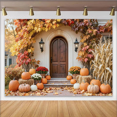 Capture Rustic Autumn Porch Backdrop with Pumpkins and Maple Leaves, Cozy Thanksgiving Party Banner for Family Photoshoot
