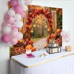 Celebrate Rustic Autumn Backdrop with Pumpkins and Maple Leaves, Harvest Thanksgiving Background for Outdoor Portrait