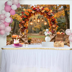 Celebrate Autumn Maple Arch Thanksgiving Backdrop for Family Party, Rustic Pumpkin and Lantern Background for Harvest Photoshoot