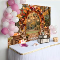 Celebrate Autumn Maple Arch Thanksgiving Backdrop for Family Party, Rustic Pumpkin and Lantern Background for Harvest Photoshoot