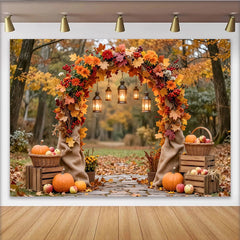 Celebrate Autumn Maple Arch Thanksgiving Backdrop for Family Party, Rustic Pumpkin and Lantern Background for Harvest Photoshoot