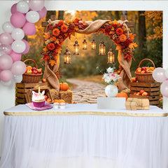 Celebrate Rustic Autumn Backdrop with Pumpkins and Lanterns, Beautiful Thanksgiving Harvest Background for Photoshoot