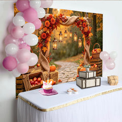 Celebrate Rustic Autumn Backdrop with Pumpkins and Lanterns, Beautiful Thanksgiving Harvest Background for Photoshoot