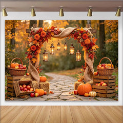 Celebrate Rustic Autumn Backdrop with Pumpkins and Lanterns, Beautiful Thanksgiving Harvest Background for Photoshoot