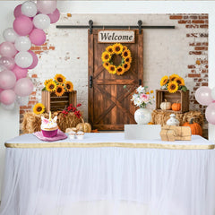 Lofaris Rustic Autumn Harvest Backdrop with Barn Door and Sunflowers, Pumpkins and Hay Bales for Fall Party Decor, Photo Background