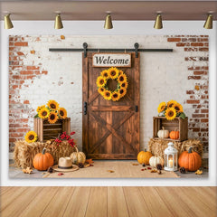 Lofaris Rustic Autumn Harvest Backdrop with Barn Door and Sunflowers, Pumpkins and Hay Bales for Fall Party Decor, Photo Background