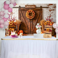 Celebrate Rustic Autumn Barn Door Photography Backdrop for Fall, Beautiful Sunflower and Pumpkin Background for Studio Photo