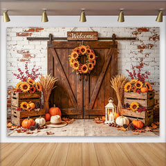 Celebrate Rustic Autumn Barn Door Photography Backdrop for Fall, Beautiful Sunflower and Pumpkin Background for Studio Photo