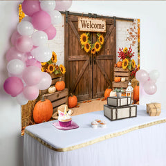 Lofaris Rustic Barn Door Autumn Harvest Photography Backdrop with Pumpkins and Sunflowers, Farmhouse Welcome Sign Photo Background for Fall