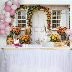 Capture Rustic Autumn Porch Photography Backdrop with Sunflowers, Beautiful Fall Pumpkin Background for Studio Portrait