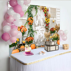 Capture Rustic Fall Door Autumn Photography Backdrop for Portrait, Beautiful Pumpkin and Sunflower Background for Studio Photo