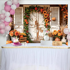 Lofaris Rustic Autumn Harvest Backdrop with Pumpkins, Sunflowers and Wooden Door, Charming Fall Farmhouse Background for Thanksgiving Decor