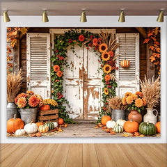 Lofaris Rustic Autumn Harvest Backdrop with Pumpkins, Sunflowers and Wooden Door, Charming Fall Farmhouse Background for Thanksgiving Decor