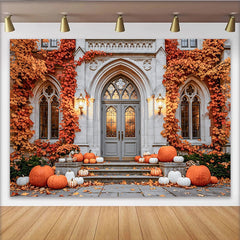 Celebrate Autumn Backdrop with Pumpkins and Vintage Stone Door, Rustic Fall Maple Leaves Background for Thanksgiving Party