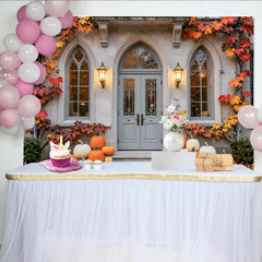 Celebrate Fall Porch Autumn Backdrop with Pumpkins and Maple Leaves, Elegant House Door Background for Thanksgiving Photo Booth