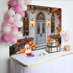 Celebrate Fall Porch Autumn Backdrop with Pumpkins and Maple Leaves, Elegant House Door Background for Thanksgiving Photo Booth