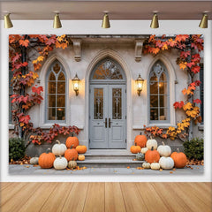 Celebrate Fall Porch Autumn Backdrop with Pumpkins and Maple Leaves, Elegant House Door Background for Thanksgiving Photo Booth