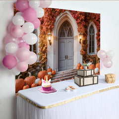 Capture Autumn Pumpkin Door Photography Backdrop for Fall Portrait, Rustic Thanksgiving Background Banner for Studio Photo