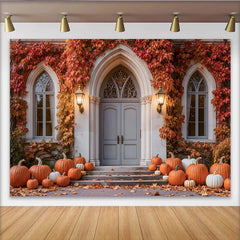 Capture Autumn Pumpkin Door Photography Backdrop for Fall Portrait, Rustic Thanksgiving Background Banner for Studio Photo