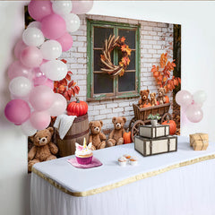 Lofaris Rustic Autumn Backdrop with Teddy Bears and Pumpkins, Cozy Fall Background for Studio Portrait Photography