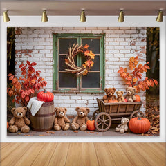 Lofaris Rustic Autumn Backdrop with Teddy Bears and Pumpkins, Cozy Fall Background for Studio Portrait Photography