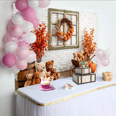 Lofaris Autumn Photography Backdrop with Teddy Bears and Pumpkins, Cozy Fall Studio Background for Portrait Photoshoot