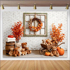 Lofaris Autumn Photography Backdrop with Teddy Bears and Pumpkins, Cozy Fall Studio Background for Portrait Photoshoot