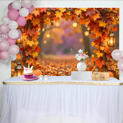 Celebrate Fall Autumn Backdrop with Maple Leaves and Pumpkins, Rustic Wood Lantern Background for Thanksgiving Party