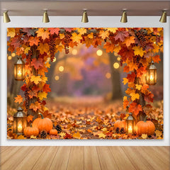 Celebrate Fall Autumn Backdrop with Maple Leaves and Pumpkins, Rustic Wood Lantern Background for Thanksgiving Party