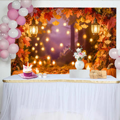 Celebrate Autumn Maple Leaves and Pumpkin Photography Backdrop, Warm Lanterns Background for Thanksgiving Portrait